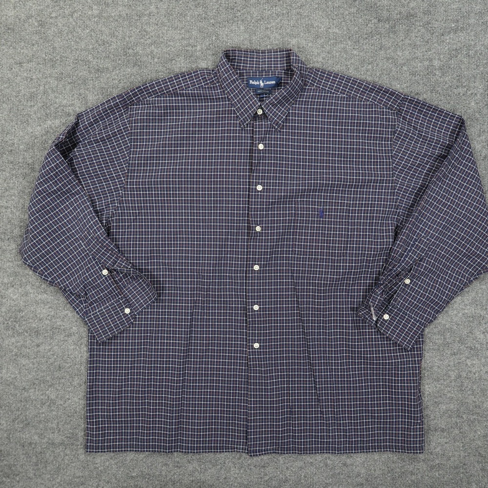 Ralph Lauren Shirt Mens 2X Big Navy Blue Plaid Long Sleeve Button Down Classic